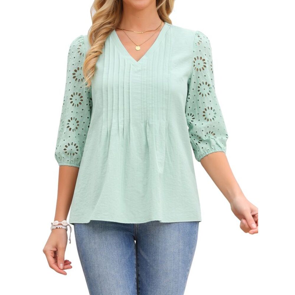 Women's Eyelet V-Neck 3/4 Sleeve Peplum Blouse, Loose Pleated Top Mint Green